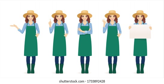 Smiling gardening farmer woman in apron and straw hat standing with different gestures isolated vector illustration