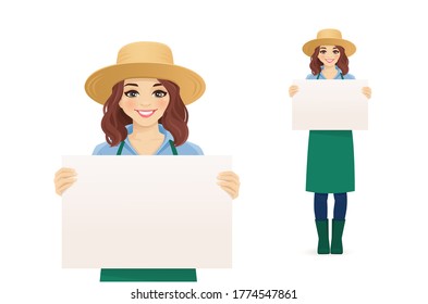 Smiling gardening farmer woman in apron and straw hat holding empty blank board isolated vector illustration