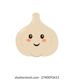 A smiling garlic character in a simple flat style. Isolated on a white background. Perfect for children's designs, packaging, stickers, and healthy eating concepts.