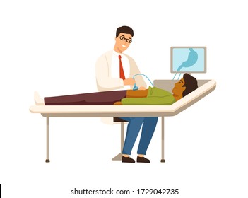 Smiling Gastroenterologist Making Abdominal Ultrasound To Patient Vector Flat Illustration. Man With Stomach Pain Visit Doctor At Clinic Isolated On White. Physician During Sonography Examination