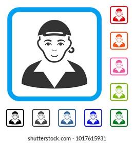 Smiling Gay vector icon. Person face has enjoy expression. Black, gray, green, blue, red, pink color variants of gay symbol inside a rounded squared frame. A dude dressed with a cap.