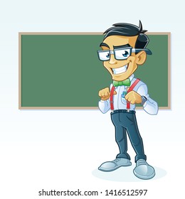 Smiling Geek Cartoon Character in front of School Green Chalkboard