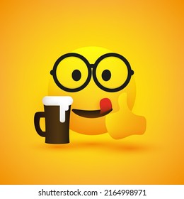 Smiling Geek Emoji Wearing Glasses and Showing Thumbs Up - Simple Cheering, Mouth Licking, Happy Emoticon with Beer Mug on Yellow Background - Vector Design