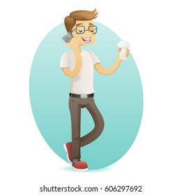 Smiling geek happy hipster smartphone hold coffee in hand cartoon design vector illustration