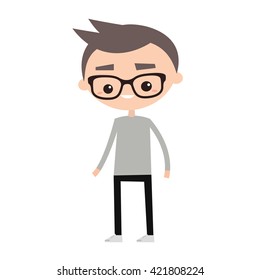 Smiling geek wearing glasses and grey long sleeve / editable flat vector illustration
