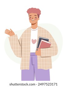 Smiling, gender-neutral student with books. Cute, hand-drawn vector non-binary person smiling and waving