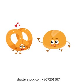 Smiling German pretzel and English bun, breakfast bread, bakery characters, cartoon vector illustration isolated on a white background. Crispy pretzel and soft bun, white bread characters, mascots