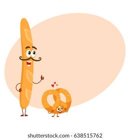 Smiling German pretzel and French baguette, white bread, bakery characters, cartoon vector illustration with space for text. Crispy pretzel and French baguette, bread characters, mascots