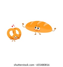 Smiling German pretzel and white bread loaf, bakery characters, cartoon vector illustration isolated on a white background. Couple of crispy pretzel and soft breakfast bread characters, mascots