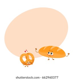 Smiling German pretzel and white bread loaf, bakery characters, cartoon vector illustration with space for text. Couple of crispy pretzel and soft breakfast bread characters, mascots