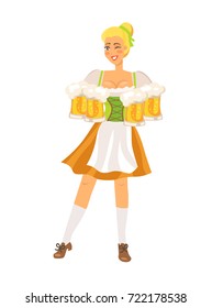 Smiling german waitress wearing traditional costume holding glasses of beer at beerfestival held in germany each year depicted on vector illustration.