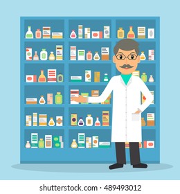 Smiling gesturing man pharmacist at the counter against shelves with drugs and medicines. Drugstore male salesperson at work. Vector illustration in flat style.