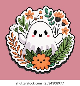 Smiling ghost character framed by bright autumn plants, for Halloween or fall-themed web design, patterns, greeting cards.