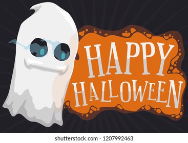 Smiling Ghost With Greeting Sign Made With Ectoplasm, Ready To Enjoy Halloween Celebration.