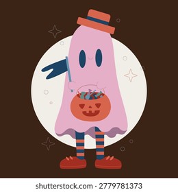 A smiling ghost with a hat holding a candyfilled jackolantern basket isolated on transparent background