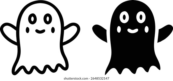 Smiling Ghost Icons – Cute Black and White Halloween Spirit Vector Illustration