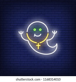 Smiling ghost neon sign. Luminous signboard with funny monster. Night bright advertisement. Vector illustration in neon style for Halloween, spirit, creature
