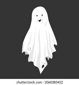 Smiling ghost in an old tattered sheet isolated on black background. Ghost vector logo. Funny pictogram for web graphics.