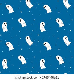 Smiling ghost seamless vector pattern on light blue background for Halloween. Design for wallpaper, gift wrapping paper, background, textile, fabric. Halloween
