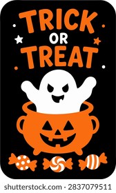 A smiling ghost sits inside a jack-o'-lantern with candy, Halloween theme