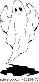 Smiling ghost suitable for Halloween designs. Spooky character with large eyes and a black shadow, perfect for festive decorations.
