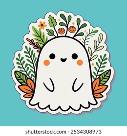 Smiling ghost surrounded by autumn foliage and florals, for web design, greeting cards, festive seasonal patterns.