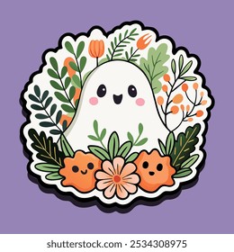 A smiling ghost surrounded by cheerful foliage and flowers in bright fall colors. The simple and playful style makes it perfect for web design, seasonal icons, or Halloween-themed decor.