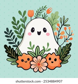 Smiling ghost surrounded by orange flowers and green leaves. For web design, textile patterns, holiday-themed illustrations.