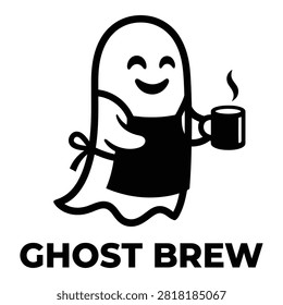Smiling ghost wearing an apron and holding a steaming mug of coffee with the text ghost brew below d