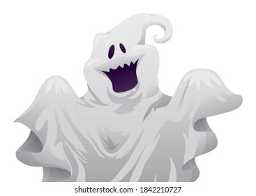 Smiling ghost wearing a bed sheet, isolated over white background.