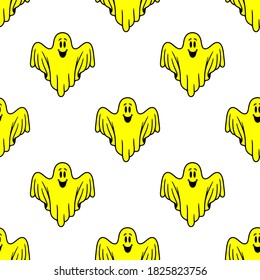 SMILING GHOST YELLOW SEAMLESS PATTERN WHITE BACKGROUND