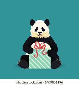 Smiling giant panda sitting holding a present . Black and white chinese bear. Rare, vulnerable species.