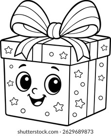 Smiling Gift Box: A delightful illustrated gift box with a cheerful face and adorned with stars and a decorative bow, perfect for adding a touch of joy to any occasion.