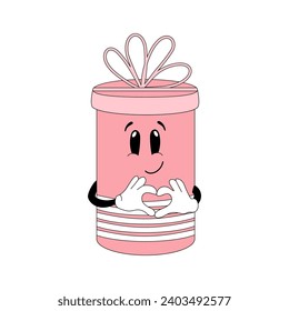 Smiling gift box with heart gesture. Hand drawn mascot vector design in cartoon style.