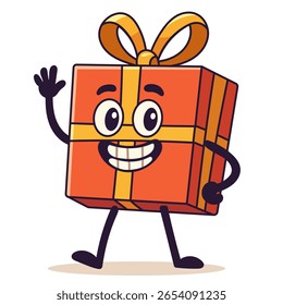 Smiling gift character waving cheerfully with bow on top in flat cartoon style