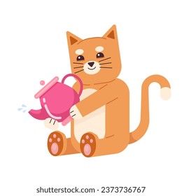 Smiling ginger cat holding teapot semi flat color vector character. Pouring drink. Editable full body animal on white. Simple cartoon spot illustration for web graphic design