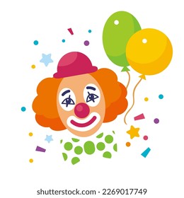 Lächelnde Ingwer Clown mit Ballons. Flache einzelne Illustration. Aprilscherz-Tagesillustration.