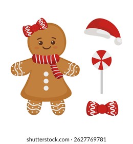 Smiling gingerbread girl with holiday accessories and peppermint candy. Warm, festive, cozy Christmas clipart for seasonal designs.

