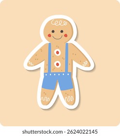 Smiling gingerbread man with blue overalls on a purple background with white stars