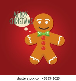Smiling Gingerbread man with bow tie on. Speech Bubble "Merry Christmas". Traditional Christmas Gingerbread.