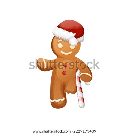 Smiling Gingerbread Man Character Without Leg. Wearing Santa Hat And With Candy Cane In His Hands. Funny Christmas Cookie Clipart. Traditional Sweet Xmas Ginger Biscuit.