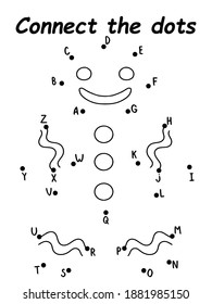 Smiling gingerbread man connect the dots game stock vector illustration. Funny educational winter puzzle to learn English letters and alphabet order. Simple black and white printable worksheet  
