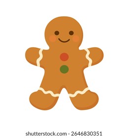 A smiling gingerbread man cookie with frosting and buttons. This gingerbread man cookie is a holiday favorite.