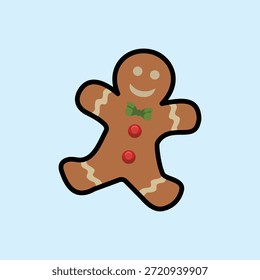 Um biscoito de gengibre sorridente com uma gravata verde e botões vermelhos sobre um fundo azul claro. Ilustração de deleite de férias clássicas perfeita para a comida festiva e temas de Natal.