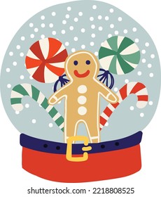 hombre de jengibre sonriente en el diseño vectorial de bola de nieve aislado de cristal