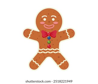 A smiling gingerbread man decorated with white icing, jelly beans, and a red bowtie. For Christmas themed project, greeting card, decoration, or culinary design.