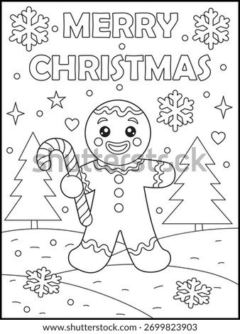 Smiling Gingerbread Man Holding a Candy Cane with Snowflakes and Christmas Trees. Fun ‘Merry Christmas’ Coloring Page for Kids