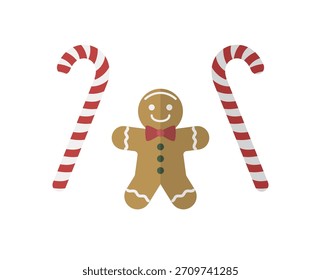 Smiling Gingerbread Man with Red Bow Tie and Candy Canes Vector Illustration. Cute Christmas Cookie Character. Sweet Holiday Dessert and Winter Celebration Concept.