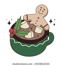 Smiling gingerbread man take a hot chocolate bath with marshmallow in big green cup. Vector hand drawn Christmas mascot