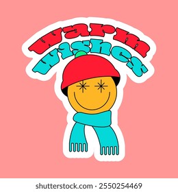 Smiling gingerbread man in warm knitted hat and scarf with warm wishes inscription. New Year velcro for decorating gift or card in style of 2000. Cartoon Y2K retro sticker on pink background